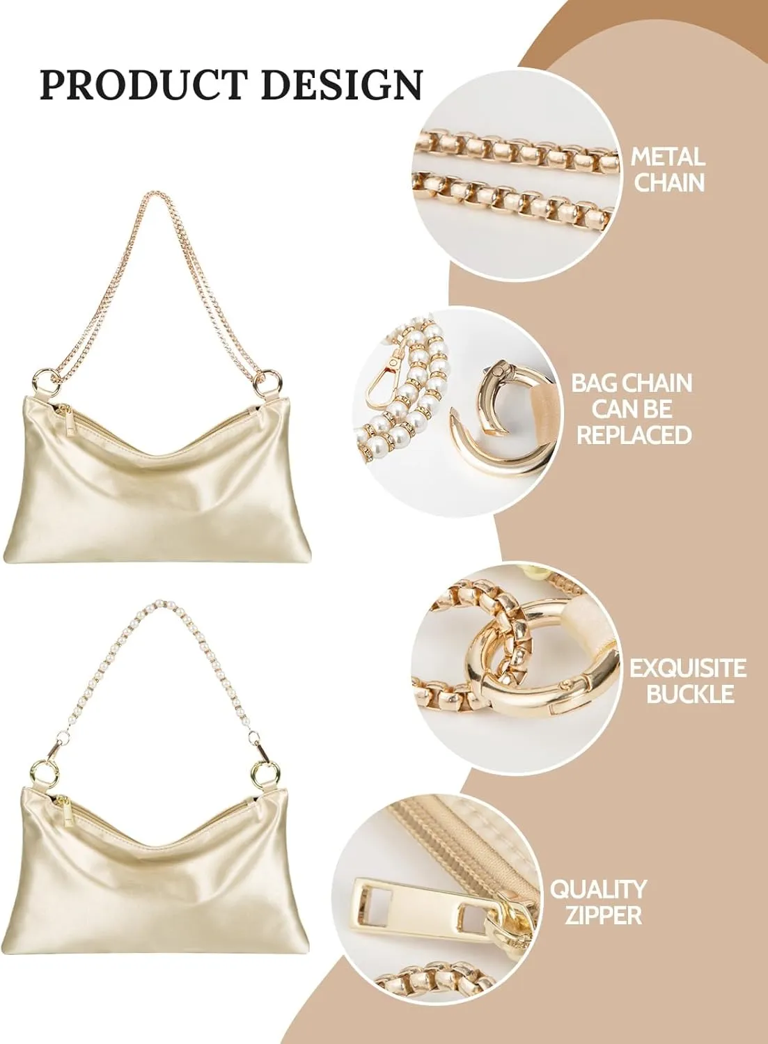 Women’s Satin Evening Bag Clutch Purse Handbag for Women Wedding Shoulder Bag with 2 Chains for Formal Cocktail Party