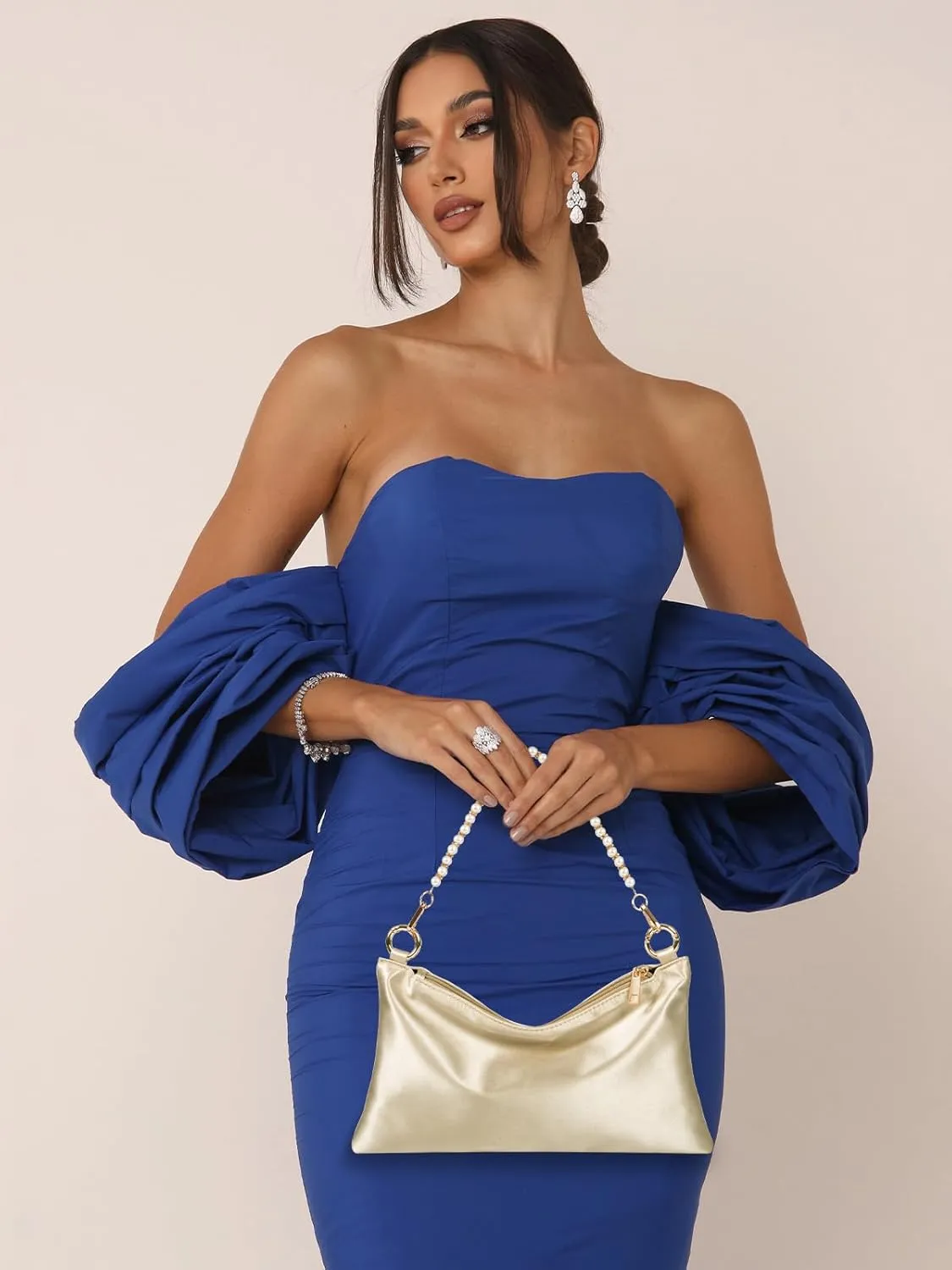 Women’s Satin Evening Bag Clutch Purse Handbag for Women Wedding Shoulder Bag with 2 Chains for Formal Cocktail Party