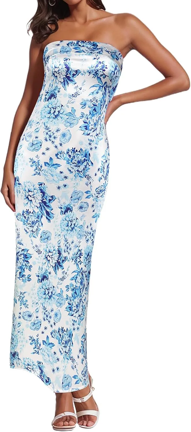 Women's Sexy Satin Tube Maxi Dress Elegant Silk Strapless Open Back Party Cocktail Wedding Guest Formal Long Dresses