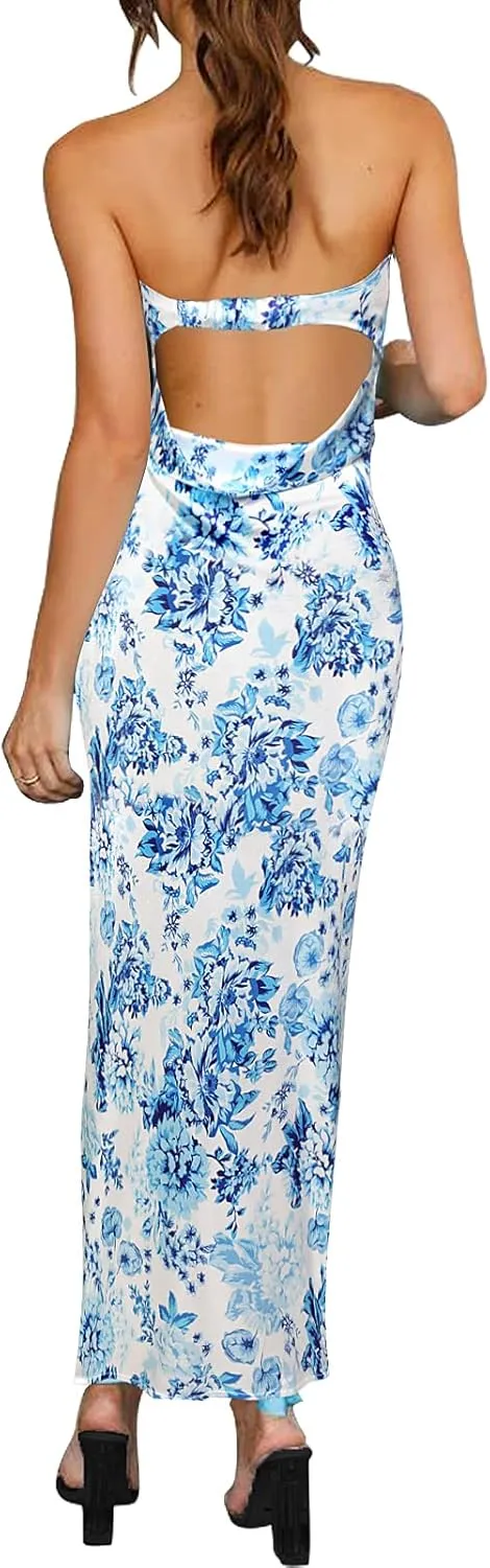 Women's Sexy Satin Tube Maxi Dress Elegant Silk Strapless Open Back Party Cocktail Wedding Guest Formal Long Dresses