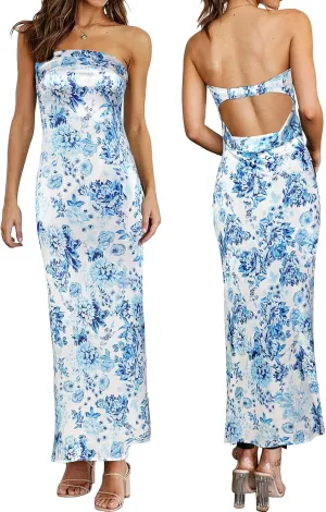 Women's Sexy Satin Tube Maxi Dress Elegant Silk Strapless Open Back Party Cocktail Wedding Guest Formal Long Dresses