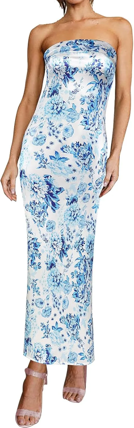 Women's Sexy Satin Tube Maxi Dress Elegant Silk Strapless Open Back Party Cocktail Wedding Guest Formal Long Dresses
