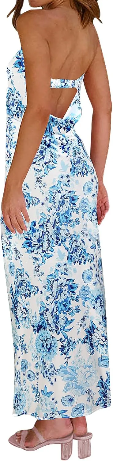 Women's Sexy Satin Tube Maxi Dress Elegant Silk Strapless Open Back Party Cocktail Wedding Guest Formal Long Dresses