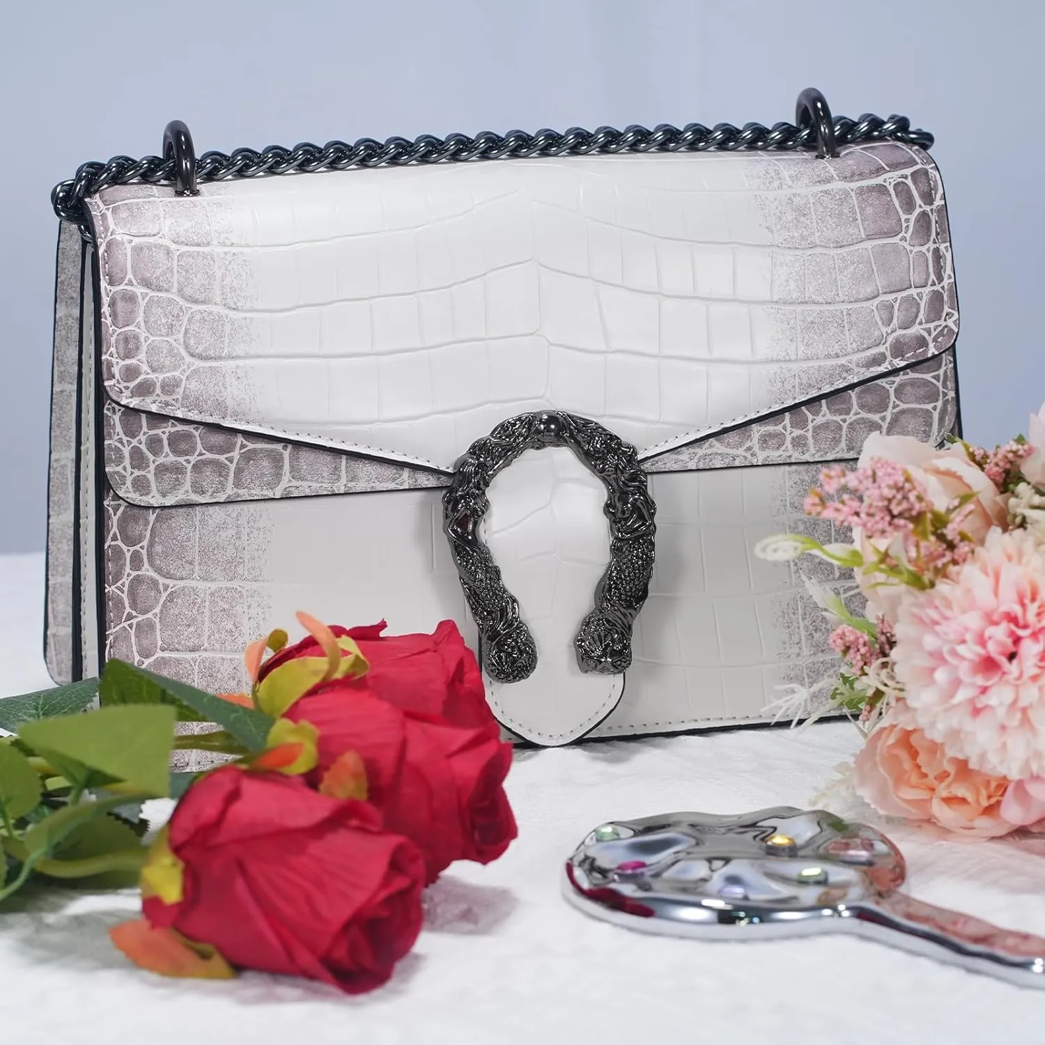 Women's Snake Print Crossbody Shoulder Bag PU Leather Satchel Chain Purse Evening Clutch Handbag