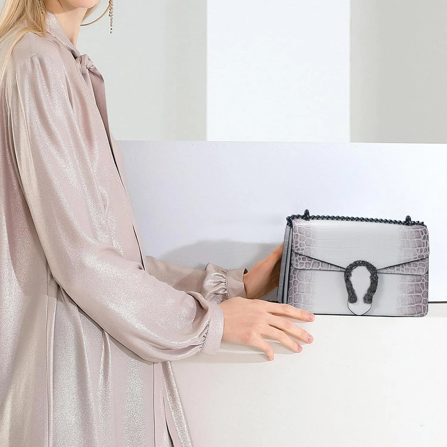Women's Snake Print Crossbody Shoulder Bag PU Leather Satchel Chain Purse Evening Clutch Handbag