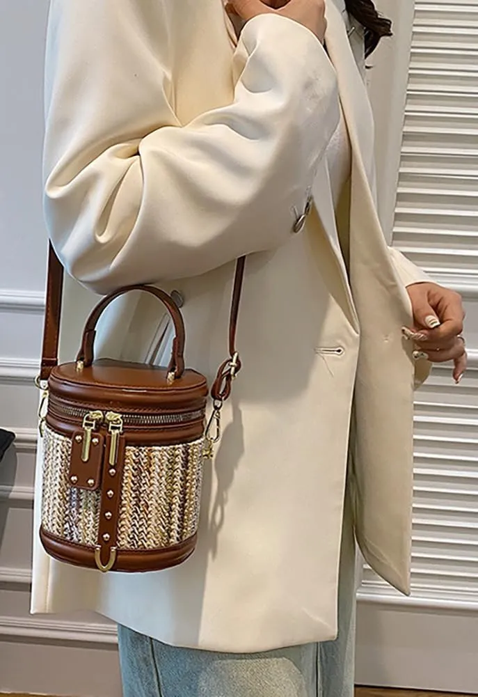 Women’s Straw Beach Handbag Cylinder Bucket Bag PU Leather Summer Shoulder Crossbody Bag Cute Clutch Tote Purse 2025