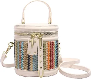 Women’s Straw Beach Handbag Cylinder Bucket Bag PU Leather Summer Shoulder Crossbody Bag Cute Clutch Tote Purse 2025