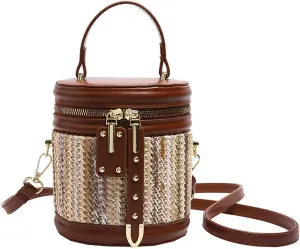 Women’s Straw Beach Handbag Cylinder Bucket Bag PU Leather Summer Shoulder Crossbody Bag Cute Clutch Tote Purse 2025