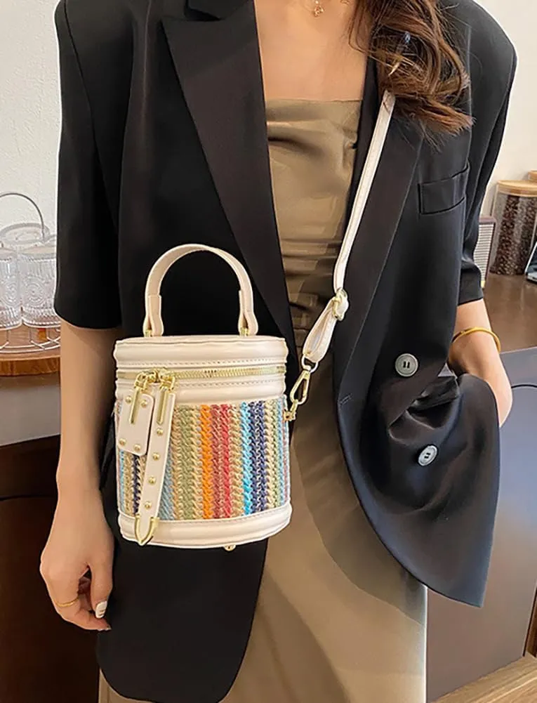 Women’s Straw Beach Handbag Cylinder Bucket Bag PU Leather Summer Shoulder Crossbody Bag Cute Clutch Tote Purse 2025