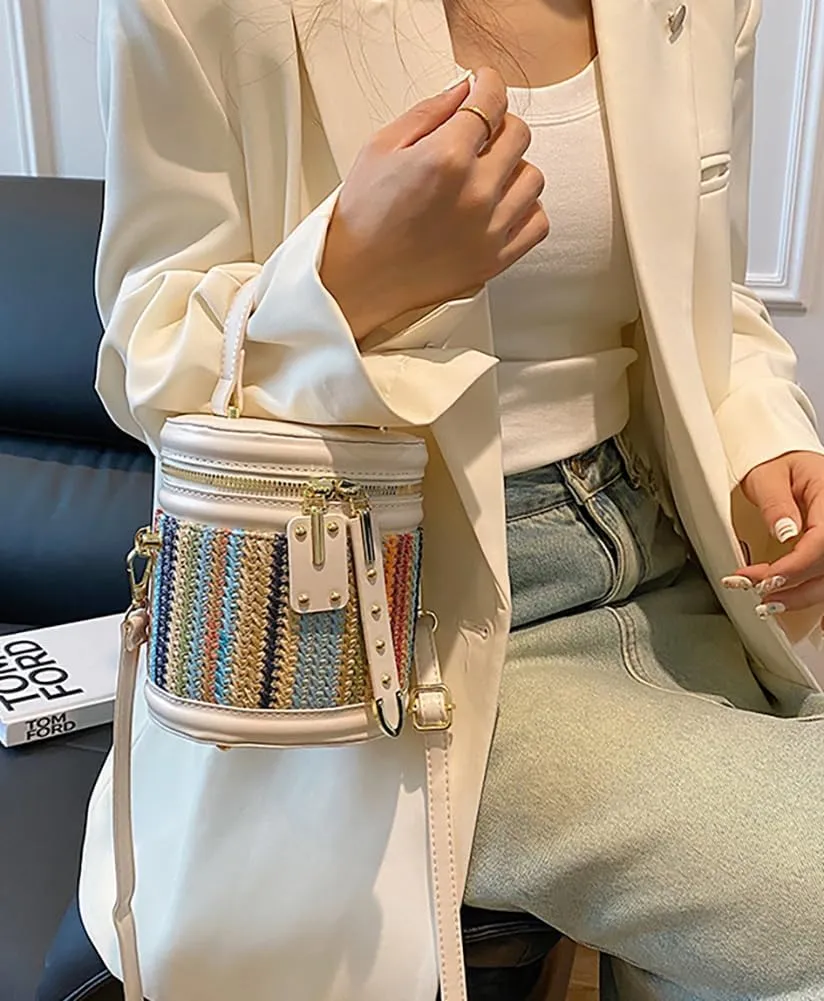 Women’s Straw Beach Handbag Cylinder Bucket Bag PU Leather Summer Shoulder Crossbody Bag Cute Clutch Tote Purse 2025