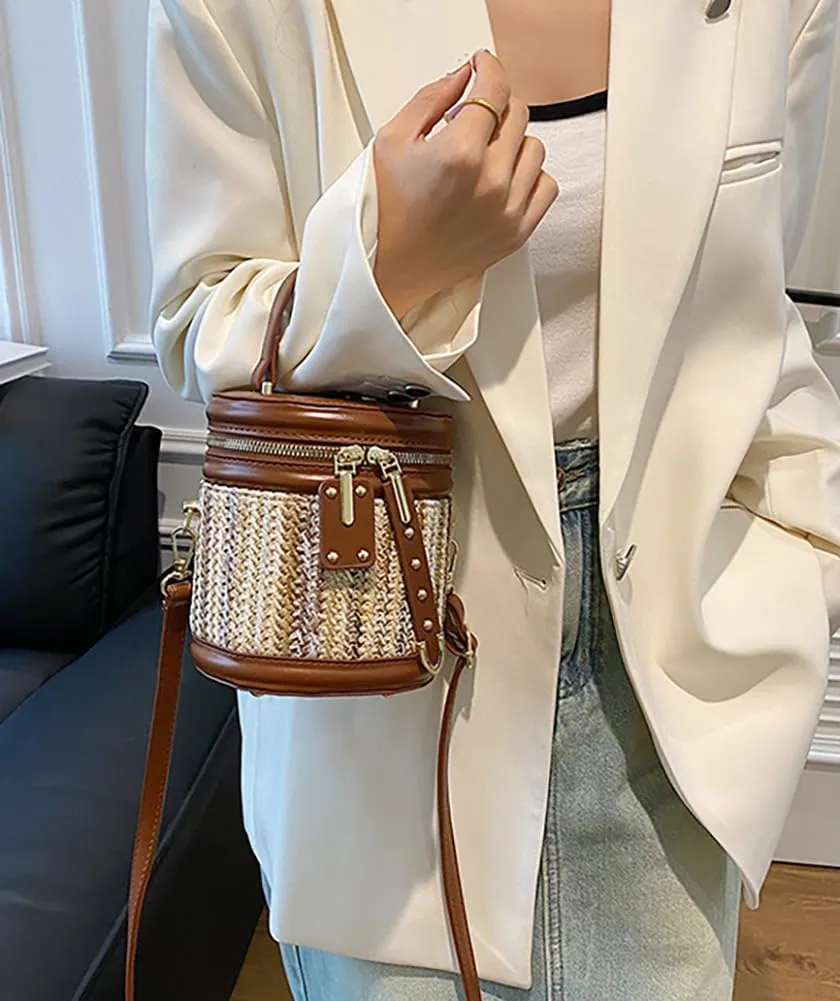 Women’s Straw Beach Handbag Cylinder Bucket Bag PU Leather Summer Shoulder Crossbody Bag Cute Clutch Tote Purse 2025