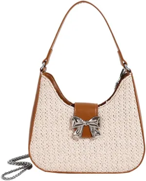 Women’s Straw Hobo Bag Summer Beach Woven Shoulder Bag Stylish Bow-knot Crossbody Bag Purse Straw Bag for Travel Vacation