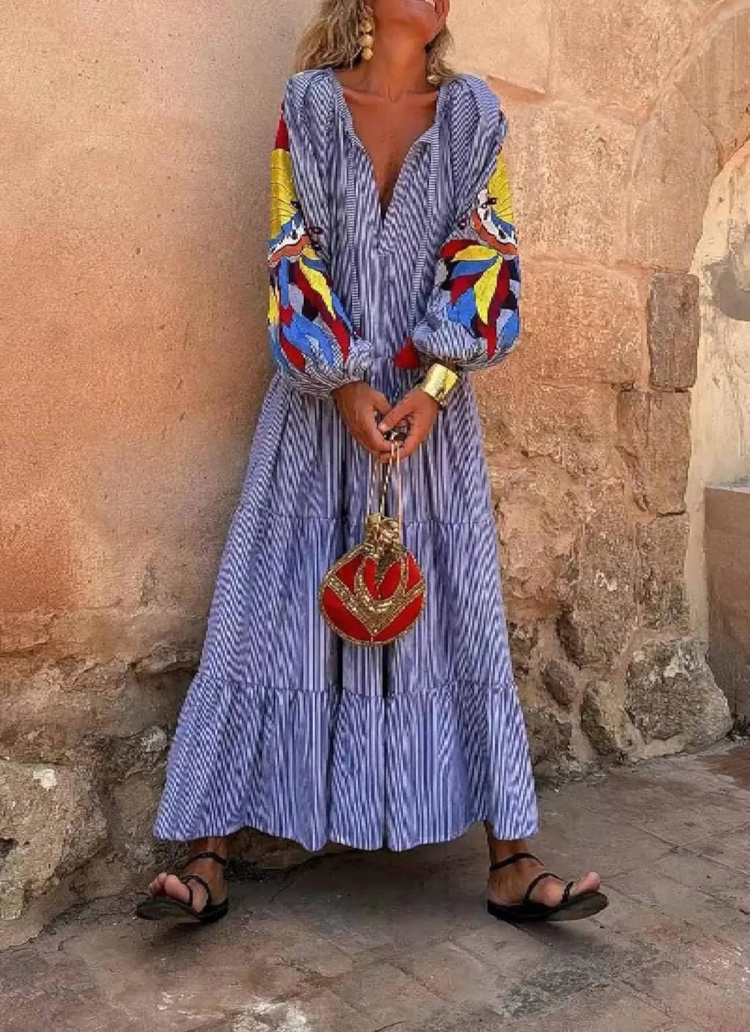 Women's Summer Boho Print Maxi Dress V-Neck Long Sleeve Loose Flowy Sundress Vacation Casual Long Dress