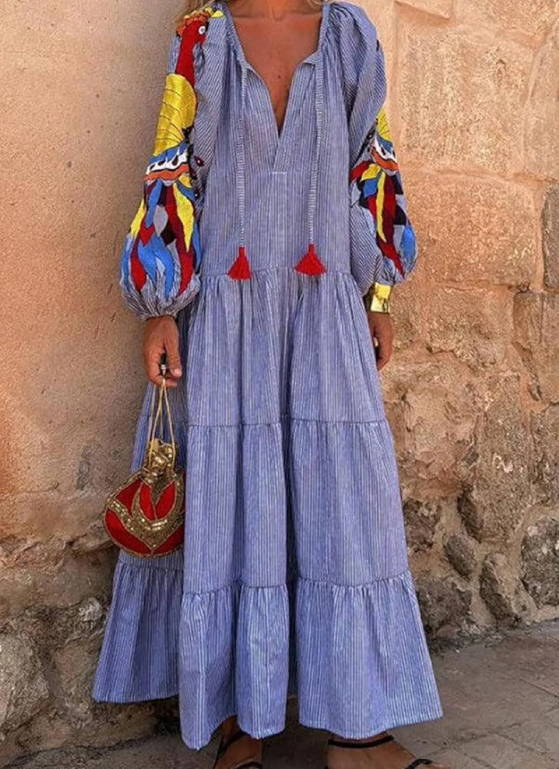 Women's Summer Boho Print Maxi Dress V-Neck Long Sleeve Loose Flowy Sundress Vacation Casual Long Dress