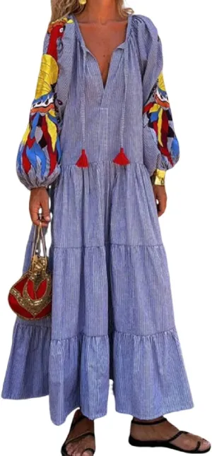 Women's Summer Boho Print Maxi Dress V-Neck Long Sleeve Loose Flowy Sundress Vacation Casual Long Dress