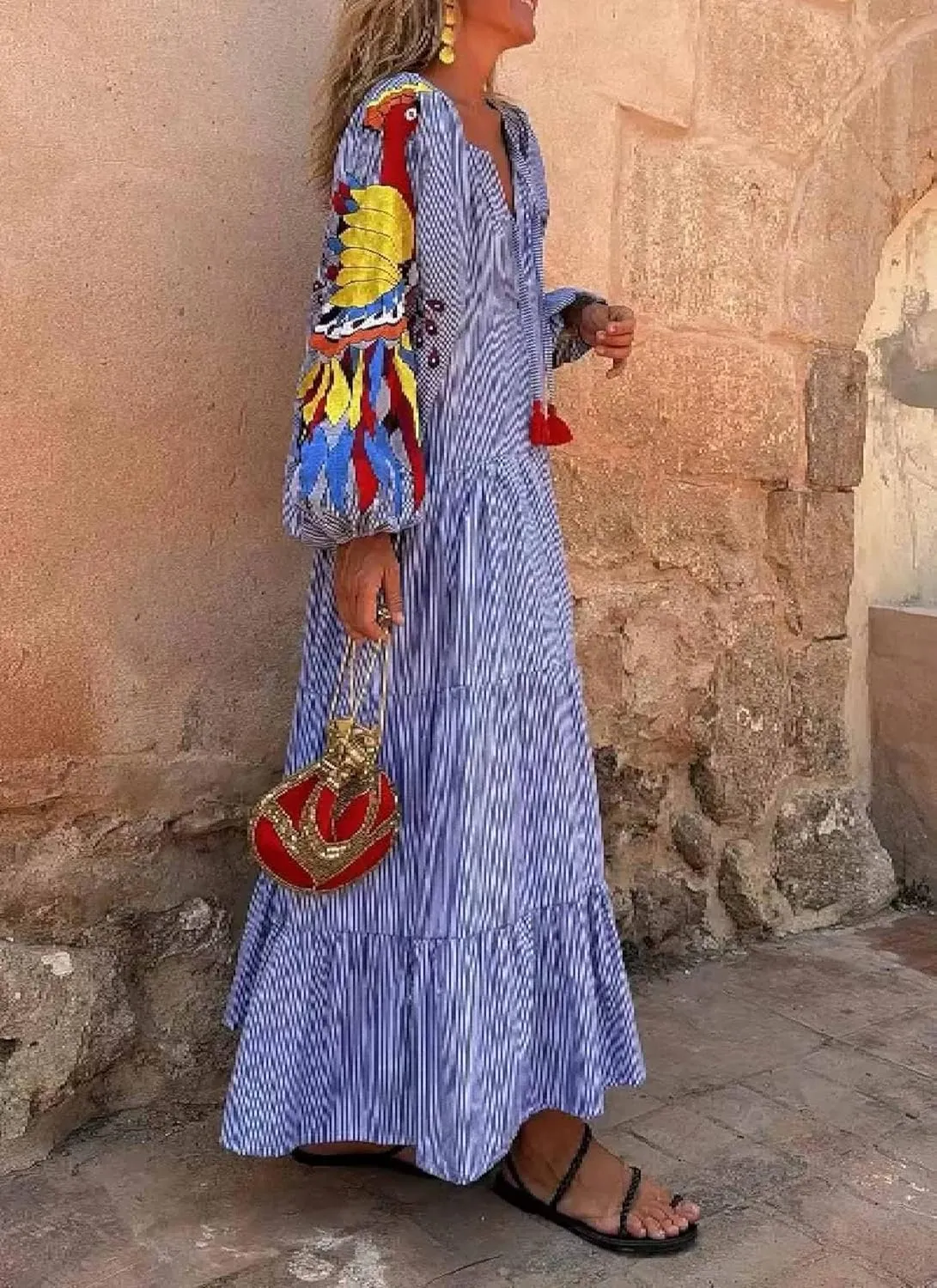 Women's Summer Boho Print Maxi Dress V-Neck Long Sleeve Loose Flowy Sundress Vacation Casual Long Dress