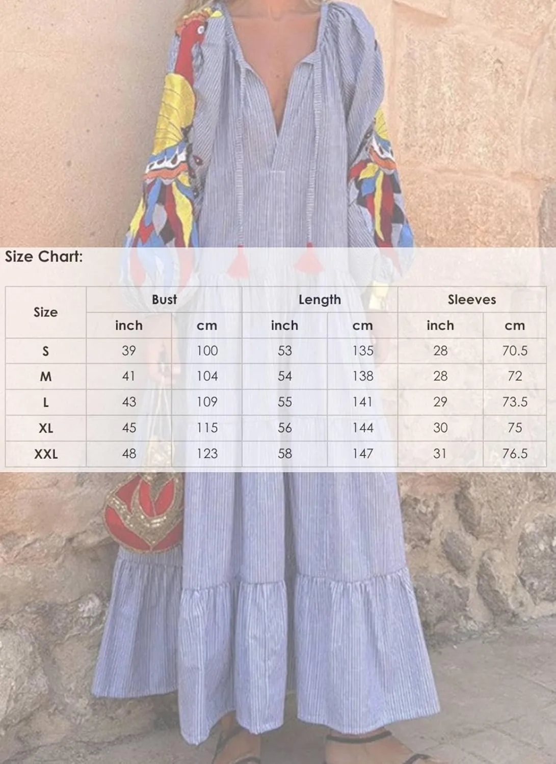 Women's Summer Boho Print Maxi Dress V-Neck Long Sleeve Loose Flowy Sundress Vacation Casual Long Dress