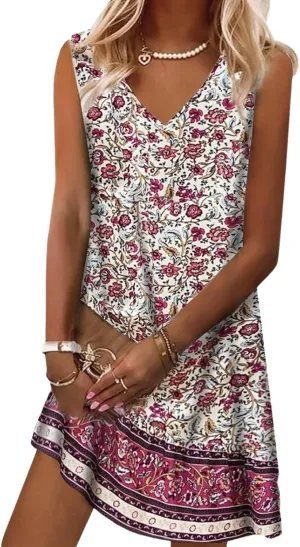 Women's Summer Floral Print Sleeveless V-Neck Mini Dress Casual Stylish Beach Vacation Sundress