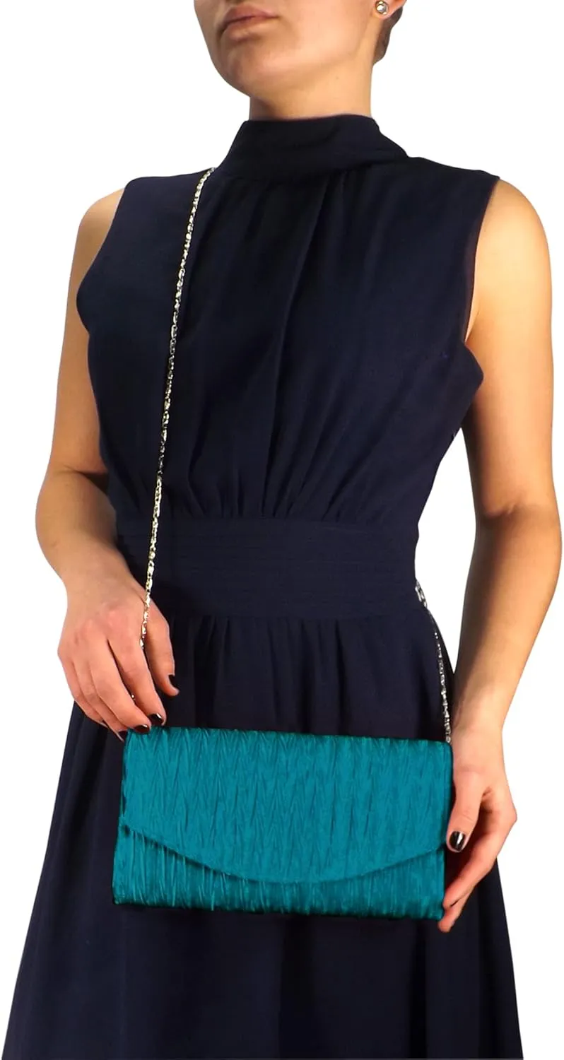 Womens Vintage Satin Pleated Envelope Evening Cocktail Wedding Party Handbag Clutch