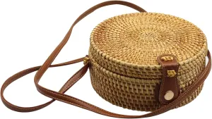 Woven Purse, Straw Purse Round 7.9x7.9x3.1in with Shoulder Straps Summer Wicker Rattan Woven Crossbody Purse Beach Bags for Women, Straw Crossbody Bag