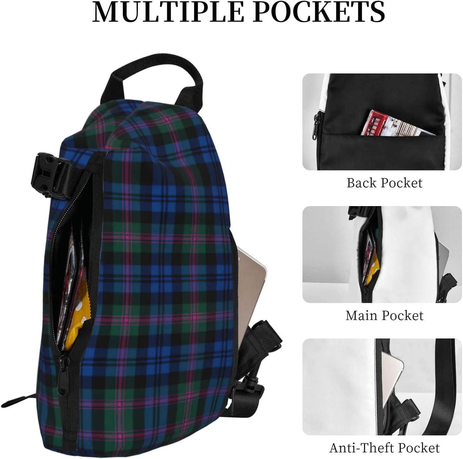 WURTON Blue And Green Scottish Tartan Print Crossbody Backpack Cross Pack Lightweight Sling Bag Travel, Hiking