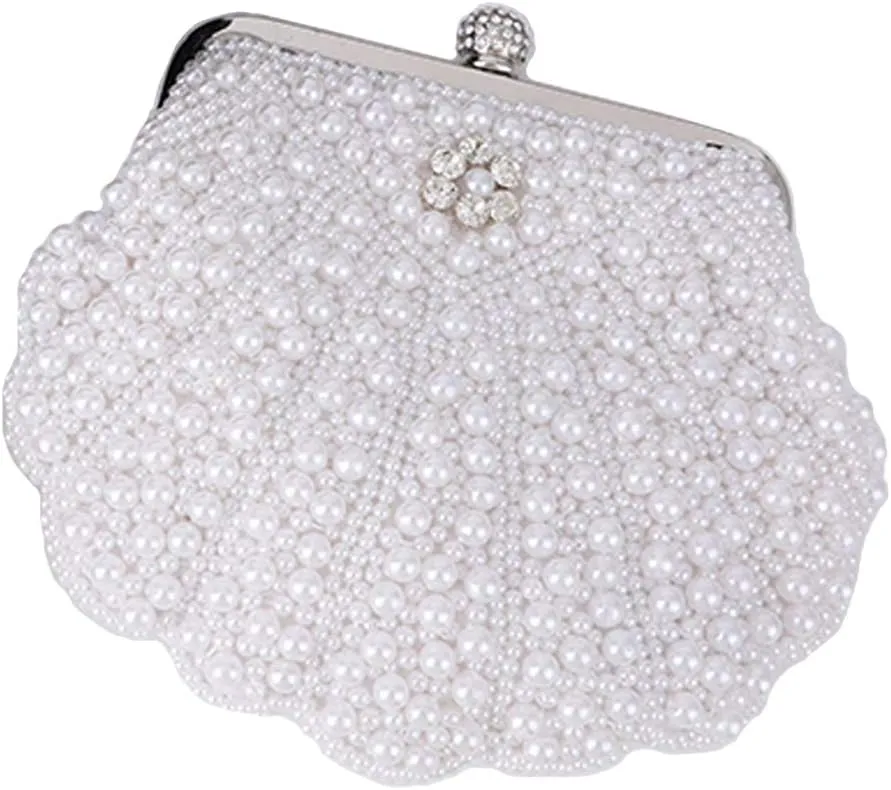 XINNI Women Shell Shape Pearl Rhinestone Purse Clutch Handbag for Cocktail Evening Party