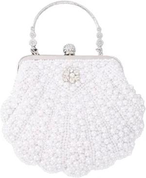 XINNI Women Shell Shape Pearl Rhinestone Purse Clutch Handbag for Cocktail Evening Party