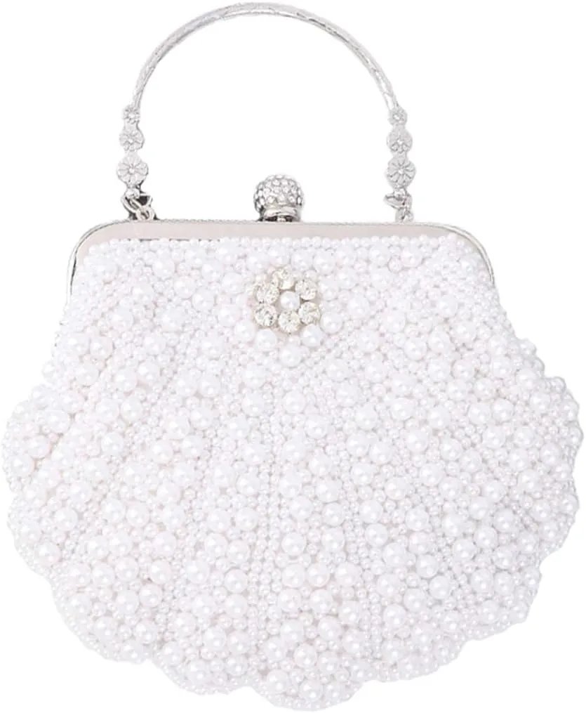 XINNI Women Shell Shape Pearl Rhinestone Purse Clutch Handbag for Cocktail Evening Party