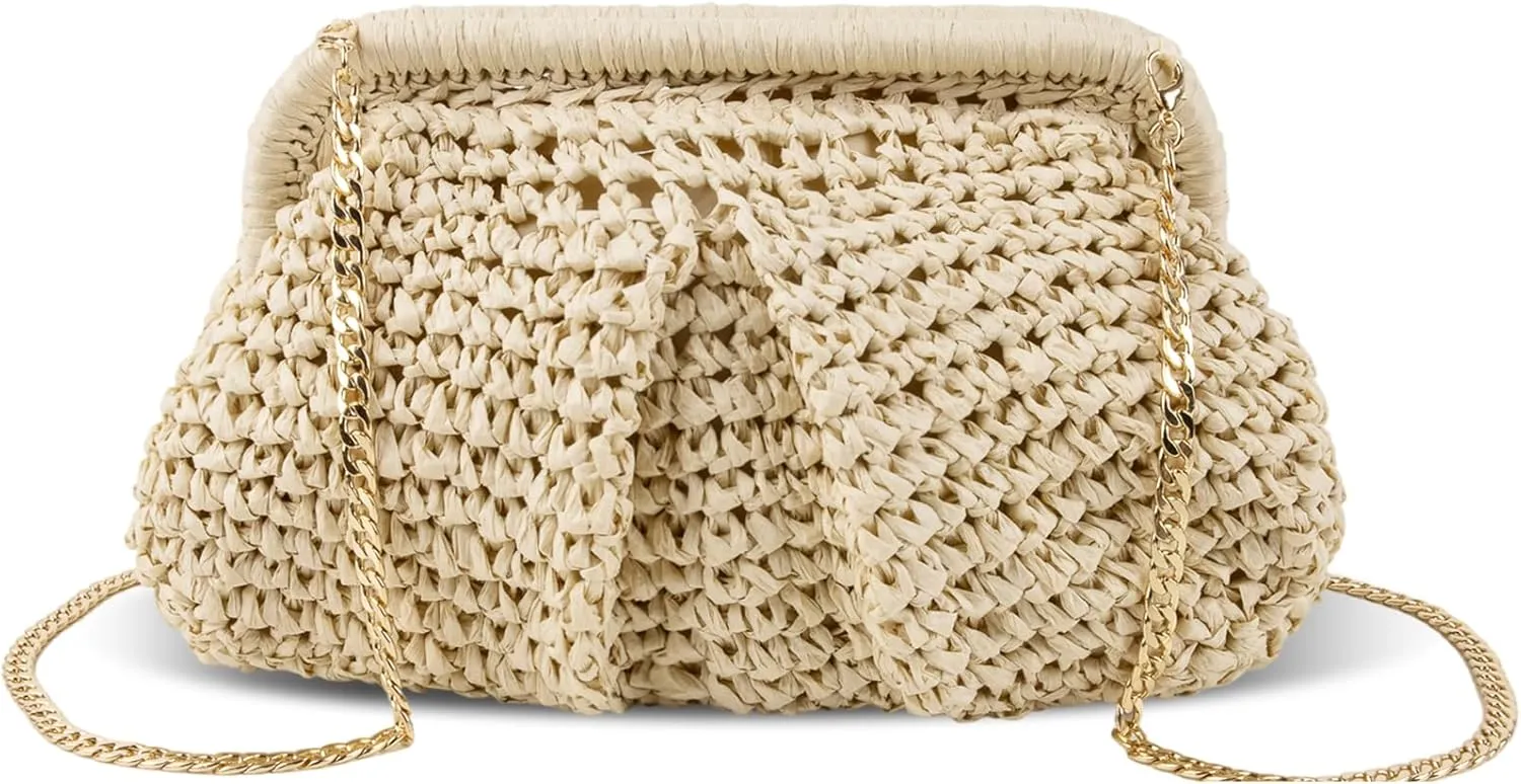 XSUIOY Straw Clutch Purse for Women Woven Dumpling Bag Summer Straw Beach Bag Crossbody Crochet Purses Shoulder Handbag