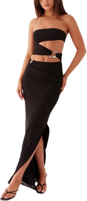 Y2k Cut Out Strapless Maxi Dress for Women Satin Backless Tube Long Bodycon Dresses Sexy Cocktail Beach Sundress