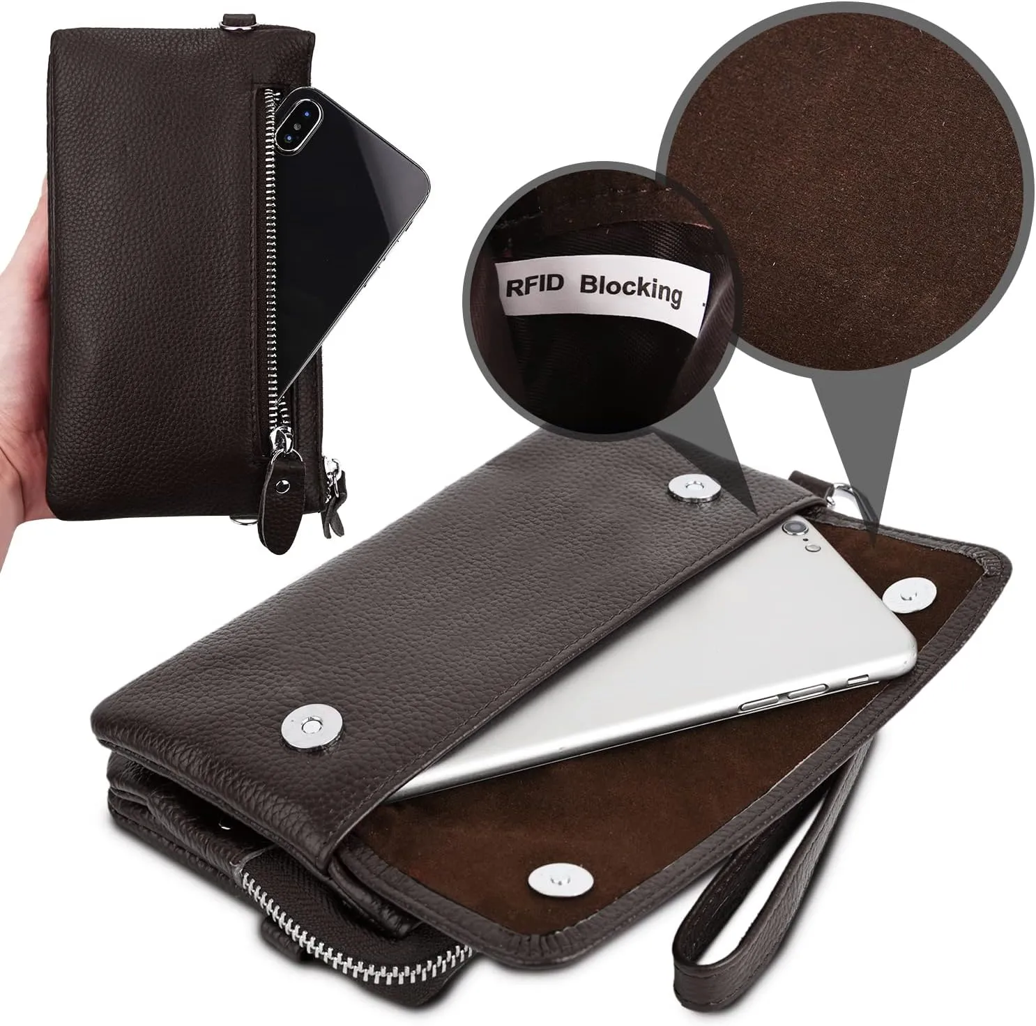 YALUXE Real Leather Wristlet Clutch Handbag Crossbody Bag Cellphone Purse RFID Blocking