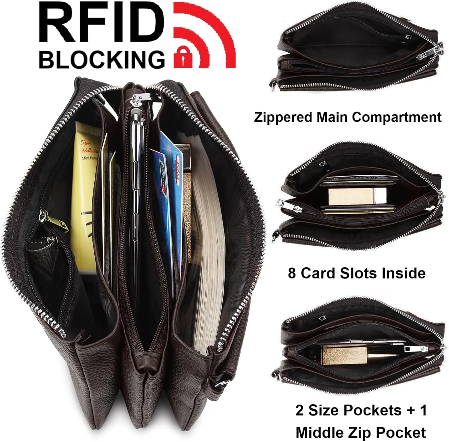 YALUXE Real Leather Wristlet Clutch Handbag Crossbody Bag Cellphone Purse RFID Blocking