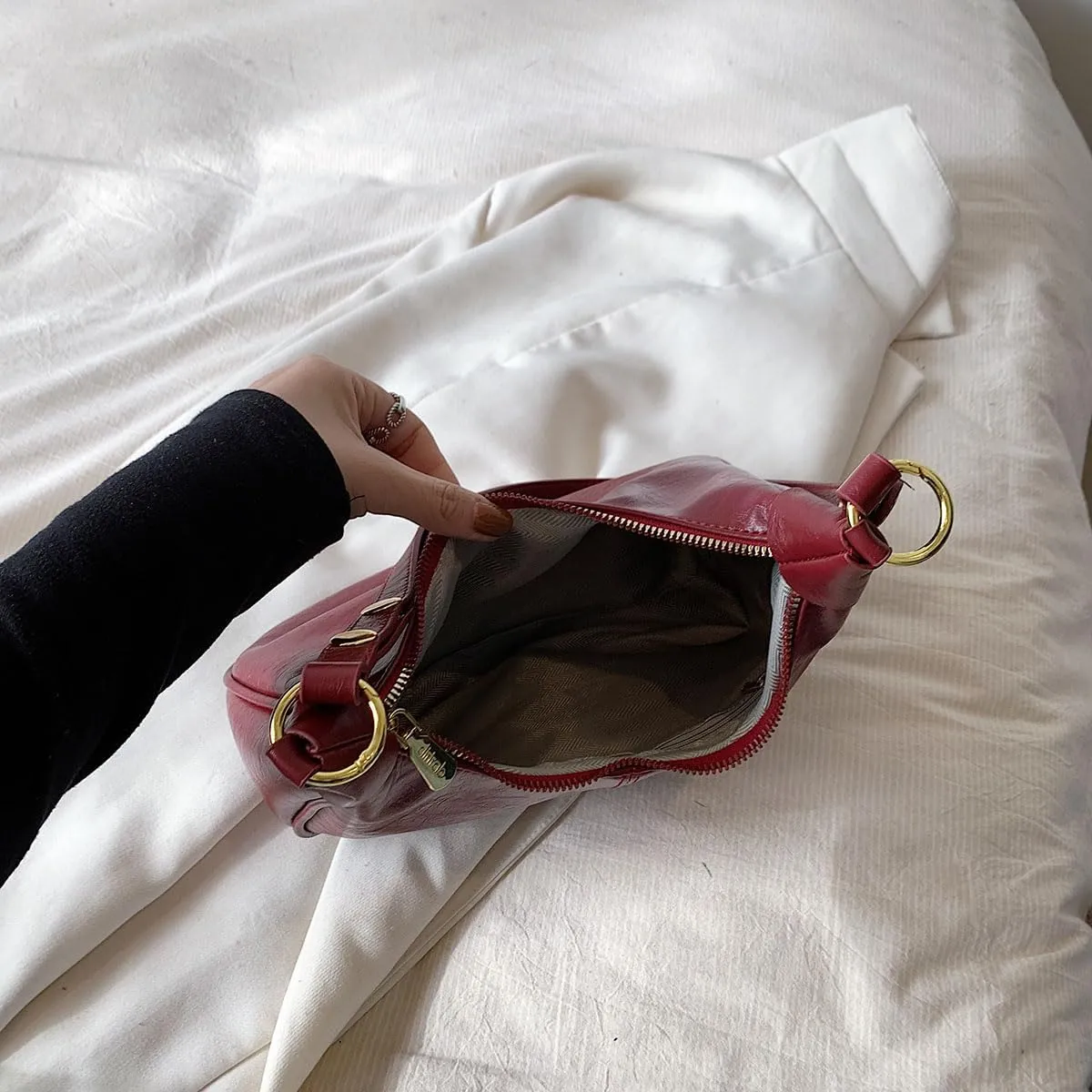 YFGBCX Small Crescent Shoulder Bag for Women - Fall Bag Red Retro Solid Color Half Moon Purse