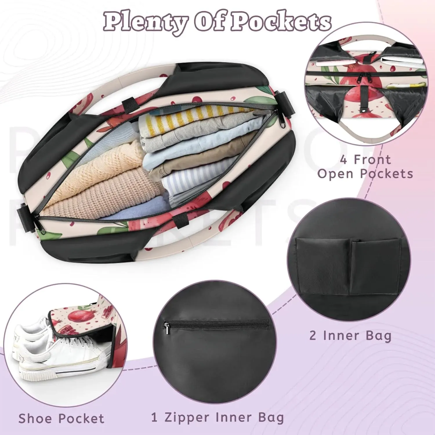 Yoga Tote Bag for Women Pomegranate Fruit Beach Bag with Shoe Storage & Yoga Mat Strap Waterproof Weekender Duffle Bag for Travel Fitness Weekend Trips