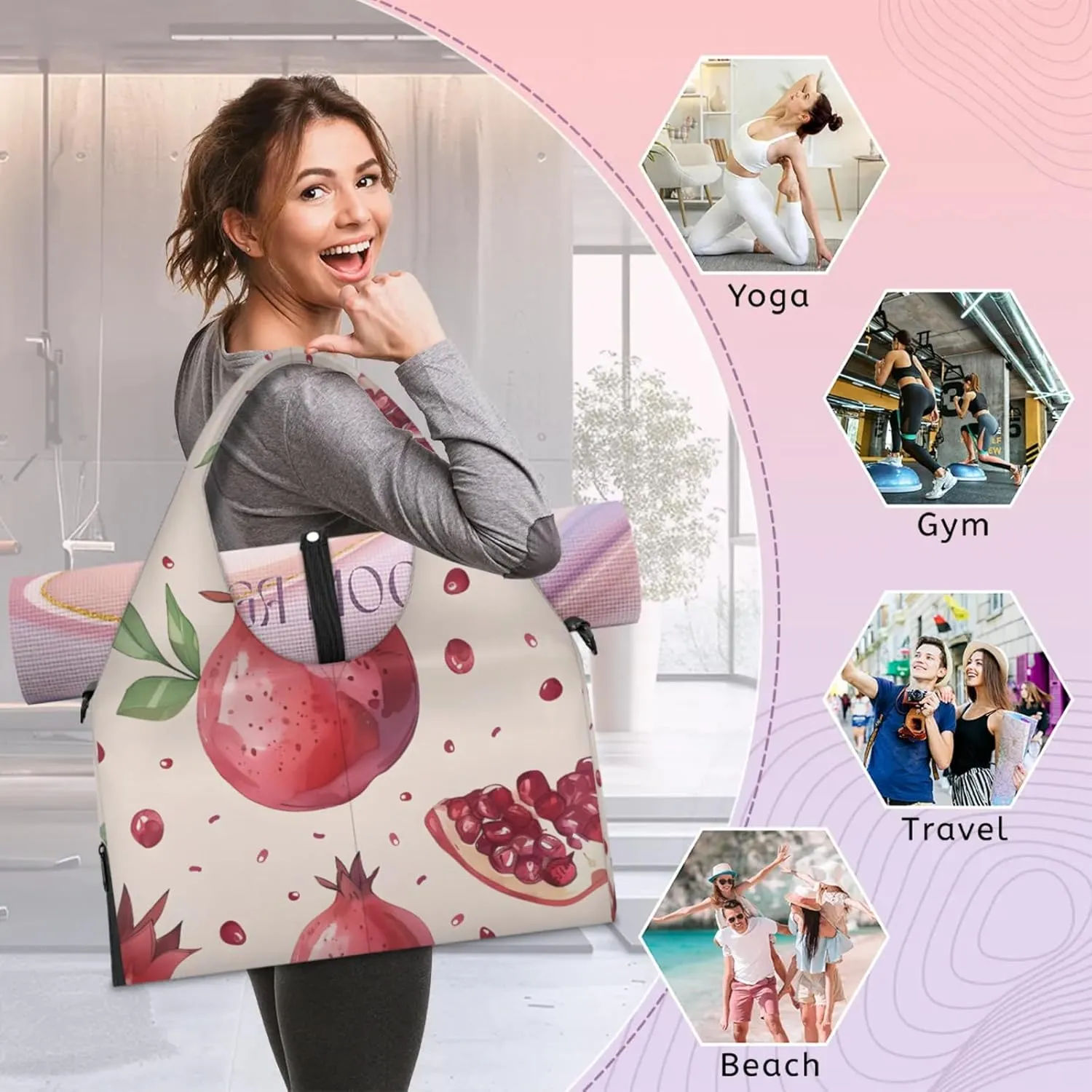 Yoga Tote Bag for Women Pomegranate Fruit Beach Bag with Shoe Storage & Yoga Mat Strap Waterproof Weekender Duffle Bag for Travel Fitness Weekend Trips