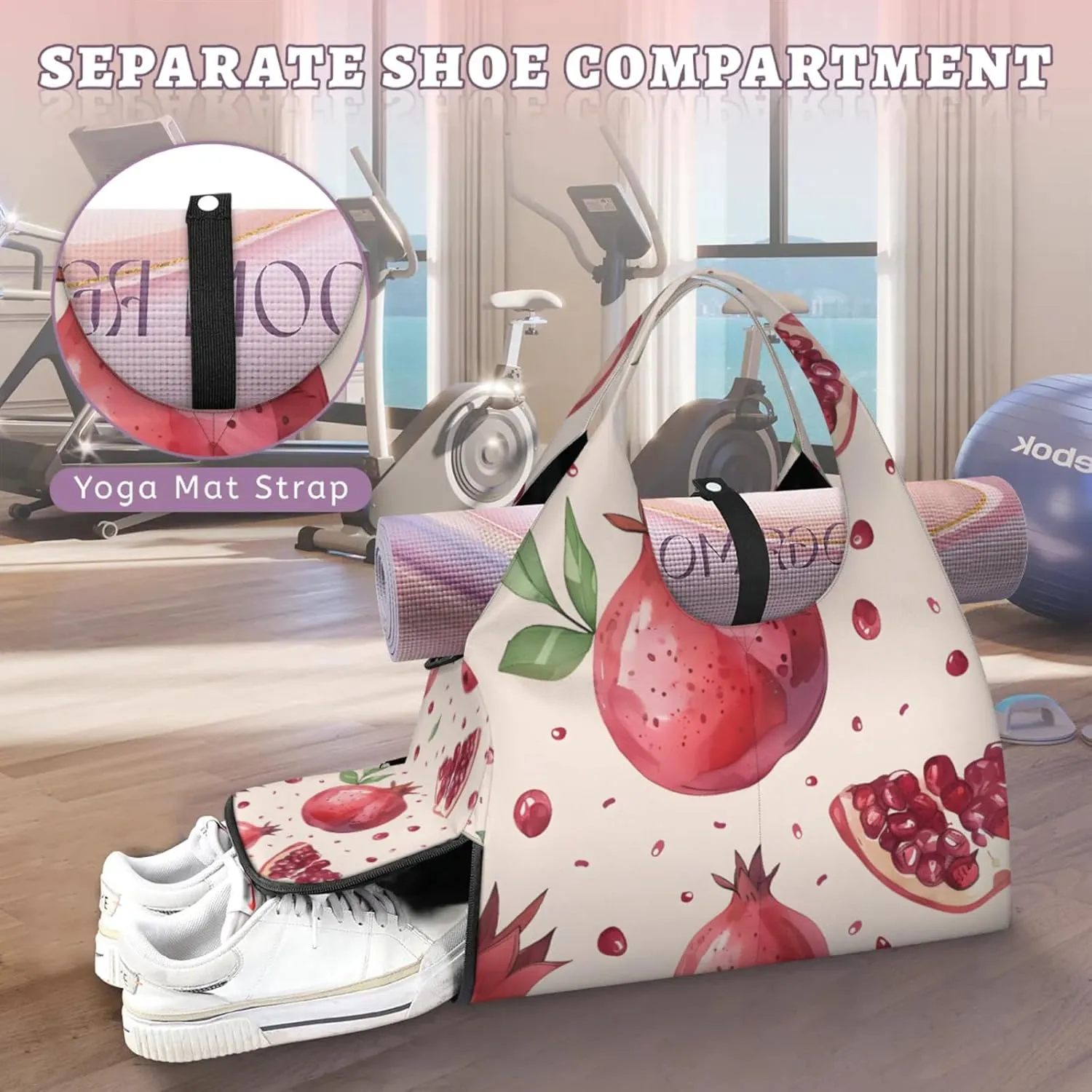 Yoga Tote Bag for Women Pomegranate Fruit Beach Bag with Shoe Storage & Yoga Mat Strap Waterproof Weekender Duffle Bag for Travel Fitness Weekend Trips