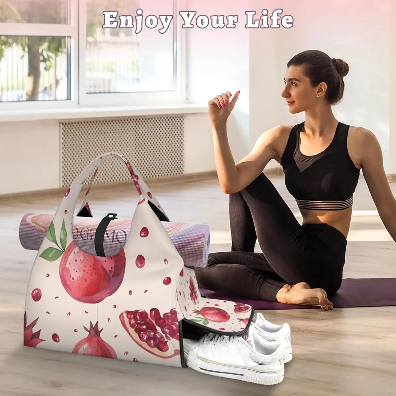 Yoga Tote Bag for Women Pomegranate Fruit Beach Bag with Shoe Storage & Yoga Mat Strap Waterproof Weekender Duffle Bag for Travel Fitness Weekend Trips