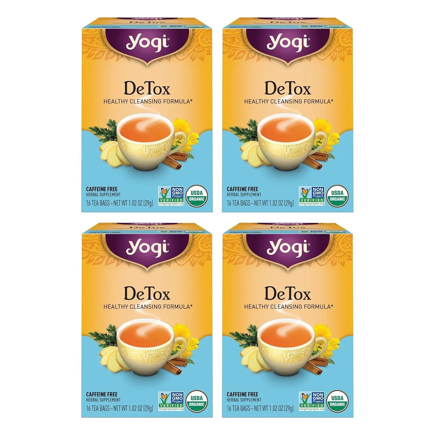 Yogi Tea DeTox Tea - 16 Tea Bags per Pack (4 Packs) - Organic Detox Tea for Digestive & Circulation Support - Includes Burdock, Dandelion, Ginger Root, Black Pepper, Cardamom & Juniper Berry