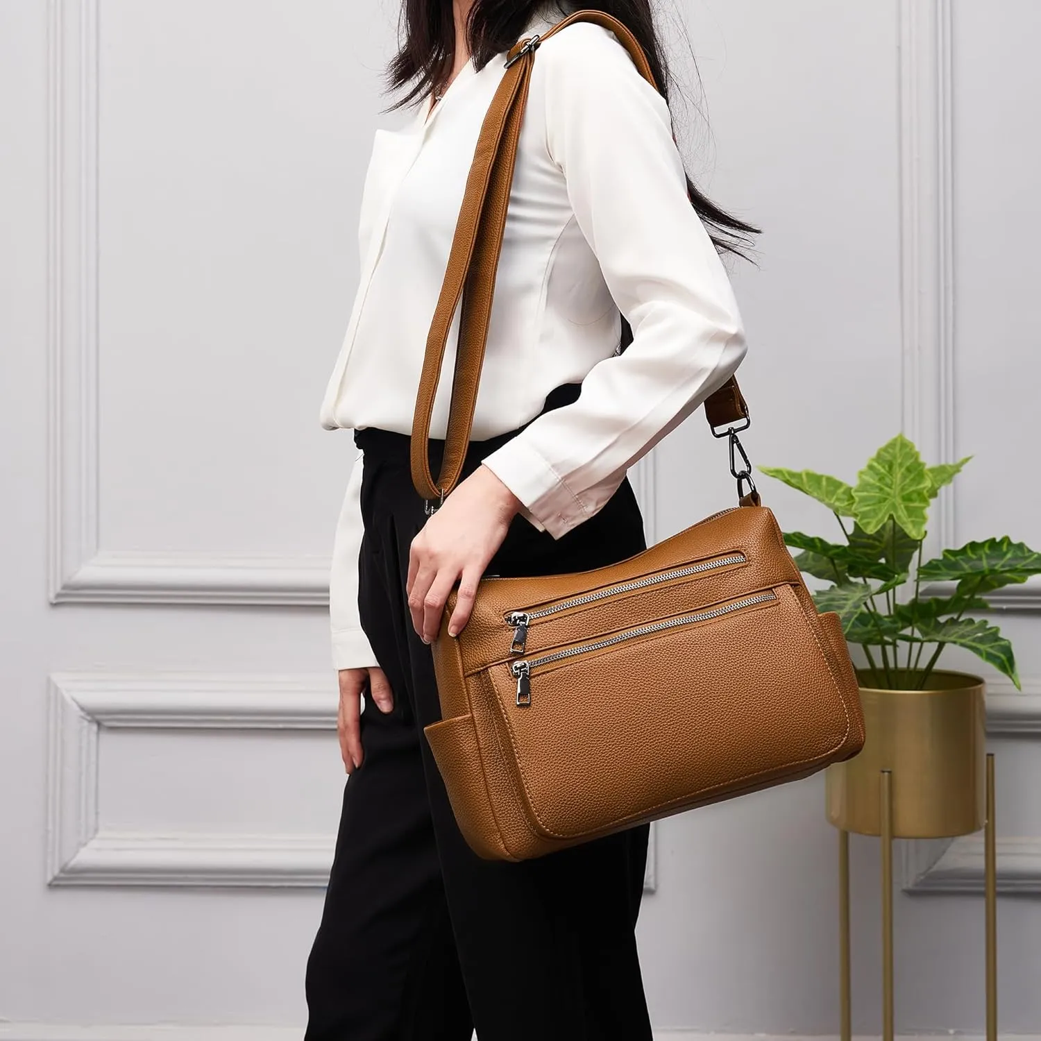 YZAOLL Large Crossbody Bag for Women Vegan Leather Tote with Adjustable Wide Strap Water-resistant Work Purse with 10 Pockets
