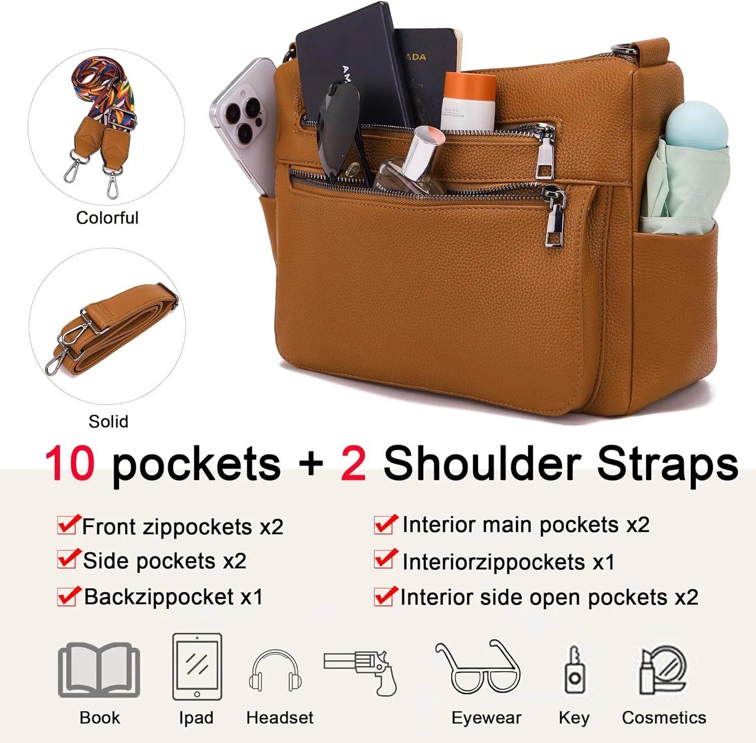 YZAOLL Large Crossbody Bag for Women Vegan Leather Tote with Adjustable Wide Strap Water-resistant Work Purse with 10 Pockets
