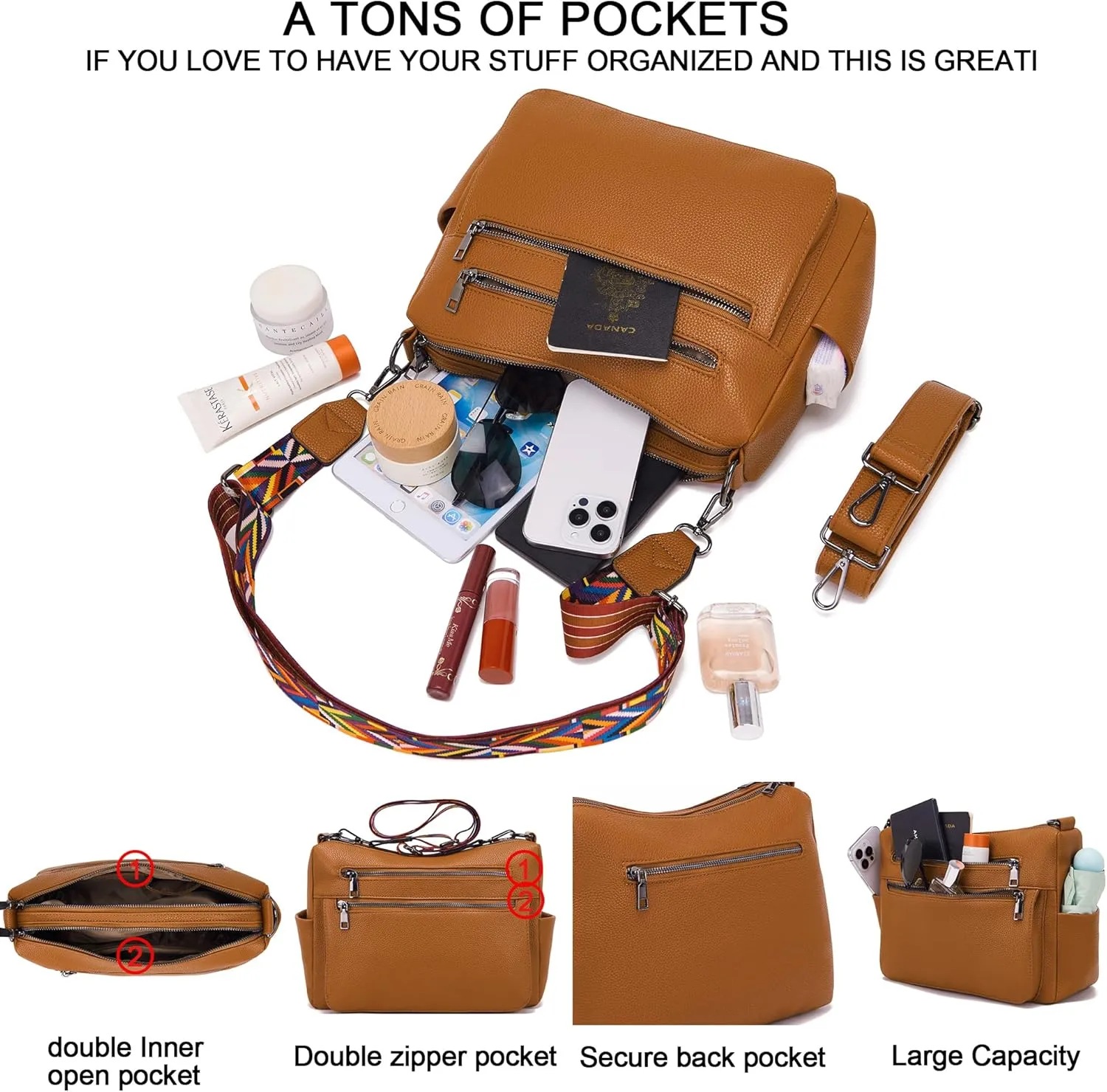 YZAOLL Large Crossbody Bag for Women Vegan Leather Tote with Adjustable Wide Strap Water-resistant Work Purse with 10 Pockets